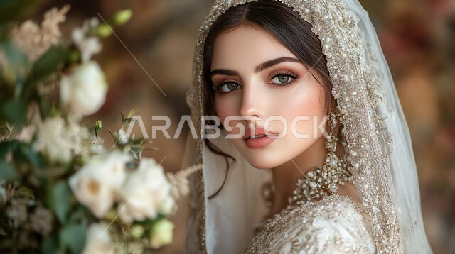 مراسم الأعراس والزواج في المملكة، مفهوم الأناقة والأنوثة والنعومة, التزين والإطلالة المتألقة في يوم العرس, عروس عربية خليجية سعودية ترتدي فستان الزفاف الأبيض تقف بتعابير الثقة بالنفس