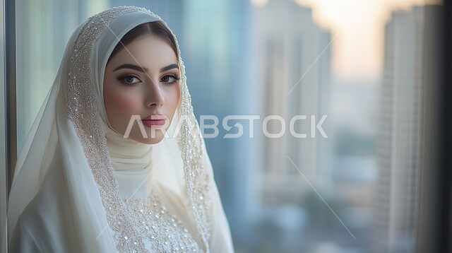 مراسم الأعراس والزواج في المملكة، مفهوم الأناقة والأنوثة والنعومة, التزين والإطلالة المتألقة في يوم العرس, عروس عربية خليجية سعودية ترتدي فستان الزفاف الأبيض تقف بتعابير الثقة بالنفس