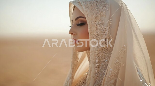 مراسم الأعراس والزواج في المملكة، مفهوم الأناقة والأنوثة والنعومة, التزين والإطلالة المتألقة في يوم العرس, عروس عربية خليجية سعودية ترتدي فستان الزفاف الأبيض تقف بتعابير الثقة بالنفس