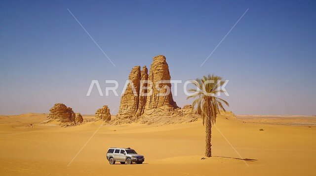 سيارات الدفع الرباعي وسط الصحراء، الكثبان والتلال الرملية في المناطق الصحراوية، مغامرات ورحلات السفاري في الصحاري، التشكيلات والتكوينات الصخرية، الطبيعة الجبلية في المملكة العربية السعودية