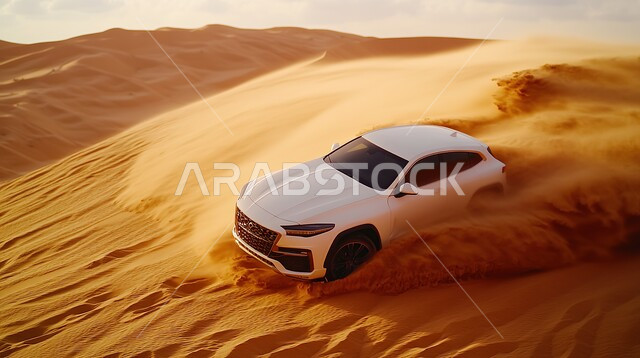 An exciting adventure on the soft golden sands of the deserts of the Kingdom of Saudi Arabia, safari adventures on the sand dunes, driving a four-wheel drive vehicle (dune bashing) in the middle of the desert, fun desert activities