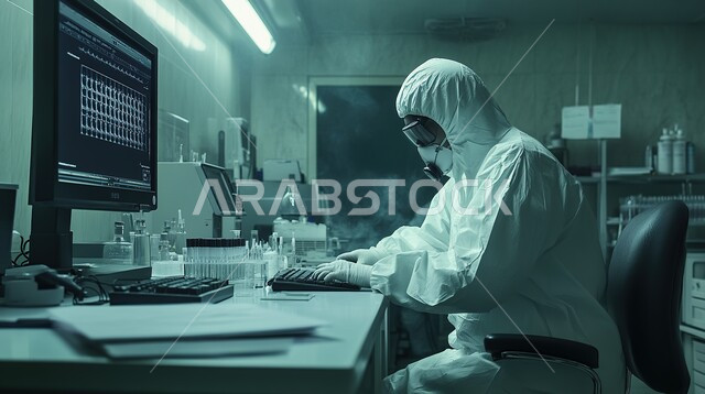 مختبرات التحاليل والفحوصات الطبية، استخدام الأنبوب الزجاجي لتحليل العينات, إجراء التجارب والبحوث العلمية, مفهوم التكنولوجيا الحيوية، مخبرية عربية خليجية سعودية ترتدي المعطف الأبيض والقفازات والكمامة تقطر السائل من الماصة إلى أنبوب الاختبار