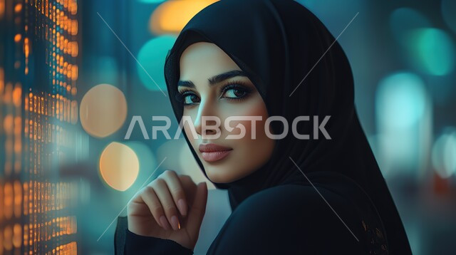 Achieving company goals, monitoring the stock market and stock exchange, professions and businesses in Saudi Arabia, studying and analyzing statistics and charts, close-up of a smiling Saudi Arabian Gulf woman wearing a black abaya and wearing a veil sitting inside the office and looking at the camera with gestures of happiness and pleasure