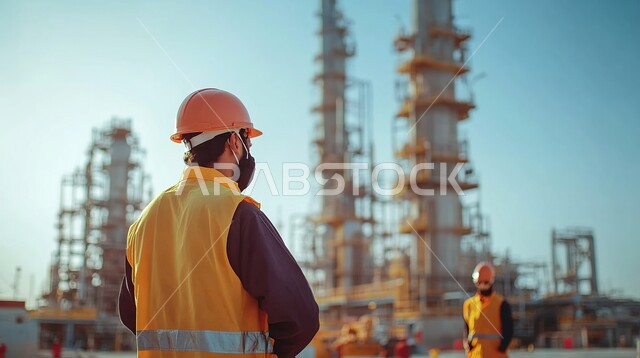 متابعة سير الاعمال في المصانع والمعامل، صوره مقربه من الخلف لمهندس عربي خليجيي سعودي يعمل في مصنع تكرير النفط ، العمل في مجال الصناعات والمشاريع البيتروكيماوية، خطوط الأنابيب والكابلات الفولاذية، مفهوم إنتاجية الغاز في المملكة العربية السعودية