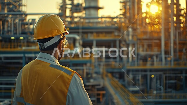 متابعة سير الاعمال في المصانع والمعامل، صوره مقربه من الخلف لمهندس عربي خليجيي سعودي يعمل في مصنع تكرير النفط ، العمل في مجال الصناعات والمشاريع البيتروكيماوية، خطوط الأنابيب والكابلات الفولاذية، مفهوم إنتاجية الغاز في المملكة العربية السعودية