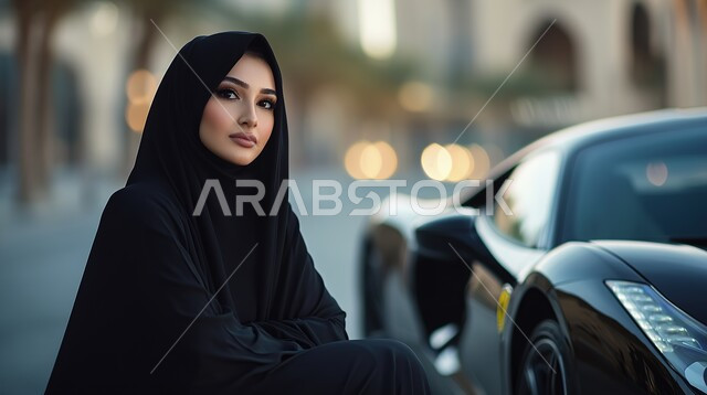 Concern for elegance and outward appearance, the concept of femininity and softness, elegant modern veiled fashion, a close-up of a young Saudi Arabian Gulf woman wearing the veil standing with expressions of confidence and self-esteem