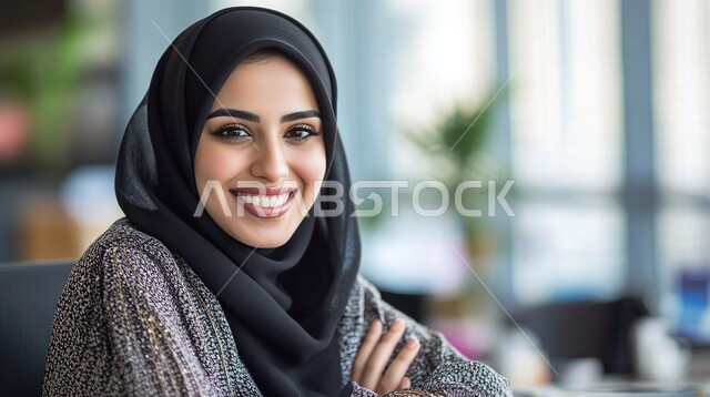 Concern for elegance and outward appearance, the concept of femininity and softness, elegant modern veiled fashion, a close-up of a young Saudi Arabian Gulf woman wearing the veil standing with expressions of confidence and self-esteem