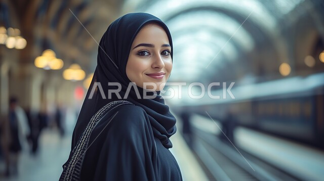 Concern for elegance and outward appearance, the concept of femininity and softness, elegant modern veiled fashion, a close-up of a young Saudi Arabian Gulf woman wearing the veil standing with expressions of confidence and self-esteem