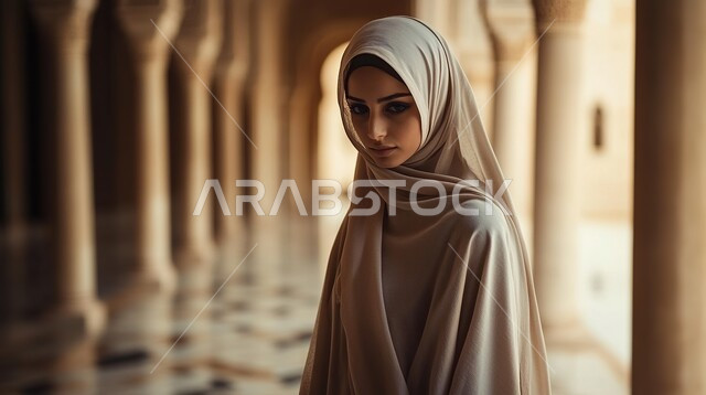 الاهتمام بالأناقة والمظهر الخارجي, مفهوم الأنوثة والنعومة, أزياء محجبات عصرية أنيقة, صورة مقربة لشابة عربية خليجية سعودية ترتدي الحجاب تقف بتعابير الثقة والاعتزاز بالنفس