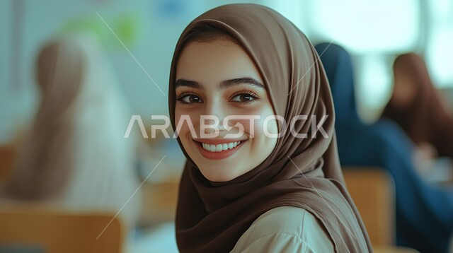 Concern for elegance and outward appearance, the concept of femininity and softness, elegant modern veiled fashion, a close-up of a young Saudi Arabian Gulf woman wearing the veil standing with expressions of confidence and self-esteem