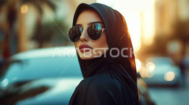 الاهتمام بالأناقة والمظهر الخارجي, مفهوم الأنوثة والنعومة, أزياء محجبات عصرية أنيقة, صورة مقربة لشابة عربية خليجية سعودية ترتدي الحجاب تقف بتعابير الثقة والاعتزاز بالنفس
