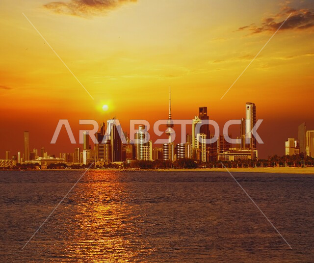 الفن الهندسي المعماري الحديث للمنشآت والمباني السكنية والتجارية, الواجهة البحرية على ساحل الخليج العربي, التطور والتقدم العمراني على الطراز العصري في دولة الكويت, الأبراج وناطحات السحاب المطلة على الشاطئ، مناطق جذب السياح من شتى أنحاء العالم