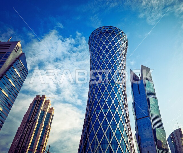 Tornado Tower in Doha, Modern architecture of towers and skyscrapers, Urban growth and progress in the State of Qatar, Famous tourist attractions, Distinctive hotels and resorts