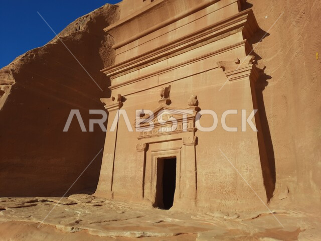 Heritage caves in the archaeological site of Al-Hijr in the desert, ancient historical landmarks in Madain Saleh, tourist places in desert areas, rock formations and formations in Al-Ula in the middle of the deserts of the Kingdom of Saudi Arabia