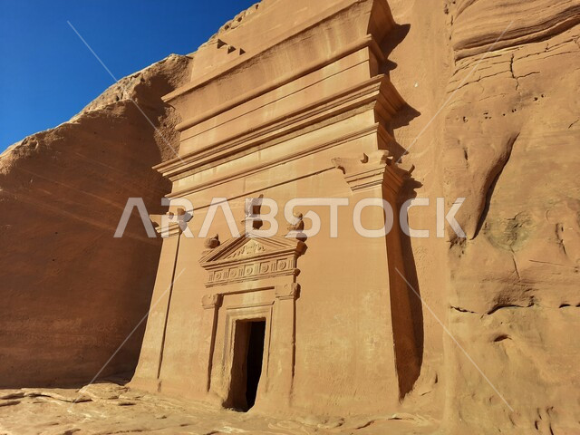 Heritage caves in the archaeological site of Al-Hijr in the desert, ancient historical landmarks in Madain Saleh, tourist places in desert areas, rock formations and formations in Al-Ula in the middle of the deserts of the Kingdom of Saudi Arabia