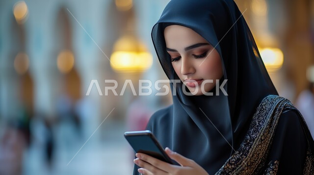 الإجابة والرد على الاتصالات بإستخدام الهاتف المحمول،  صورة مقربة لامرأة عربية سعودية خليجية محجبة تقوم بإجراء مكالمة صوتية عبر الجوال، قضاء اوقات ممتعة بتبادل الاخبار والأحاديث، التواصل والاطمئنان على الأصدقاء