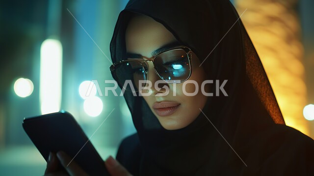 الإجابة والرد على الاتصالات بإستخدام الهاتف المحمول،  صورة مقربة لامرأة عربية سعودية خليجية محجبة تقوم بإجراء مكالمة صوتية عبر الجوال، قضاء اوقات ممتعة بتبادل الاخبار والأحاديث، التواصل والاطمئنان على الأصدقاء