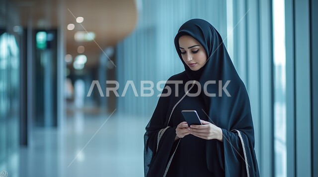 الإجابة والرد على الاتصالات بإستخدام الهاتف المحمول،  صورة مقربة لامرأة عربية سعودية خليجية محجبة تقوم بإجراء مكالمة صوتية عبر الجوال، قضاء اوقات ممتعة بتبادل الاخبار والأحاديث، التواصل والاطمئنان على الأصدقاء