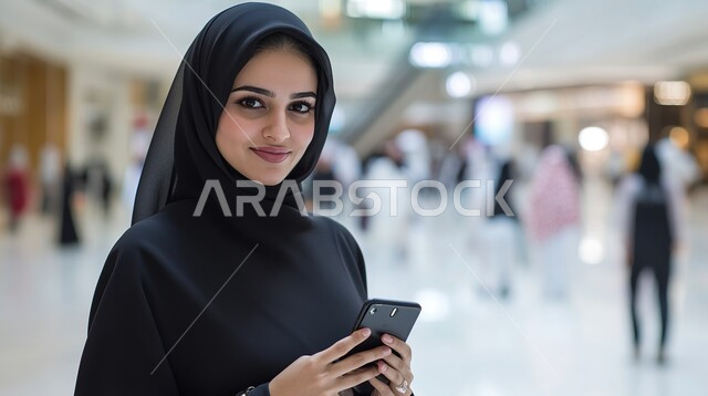 الإجابة والرد على الاتصالات بإستخدام الهاتف المحمول،  صورة مقربة لامرأة عربية سعودية خليجية محجبة تقوم بإجراء مكالمة صوتية عبر الجوال، قضاء اوقات ممتعة بتبادل الاخبار والأحاديث، التواصل والاطمئنان على الأصدقاء