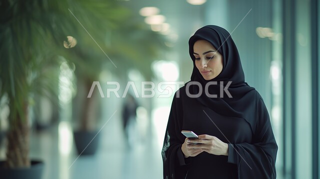 الإجابة والرد على الاتصالات بإستخدام الهاتف المحمول،  صورة مقربة لامرأة عربية سعودية خليجية محجبة تقوم بإجراء مكالمة صوتية عبر الجوال، قضاء اوقات ممتعة بتبادل الاخبار والأحاديث، التواصل والاطمئنان على الأصدقاء
