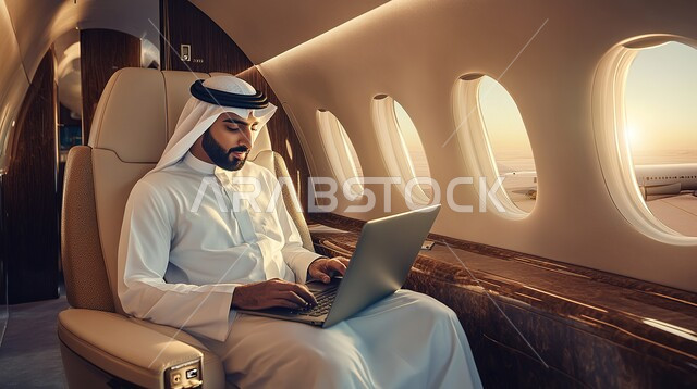 Communicating with family and friends via laptop, completing work tasks remotely with gestures of integration, a Saudi Arabian Gulf man wearing traditional thobe and ghutra sitting on a plane and working on a laptop, using modern devices and technologies, the concept of tourism and travel