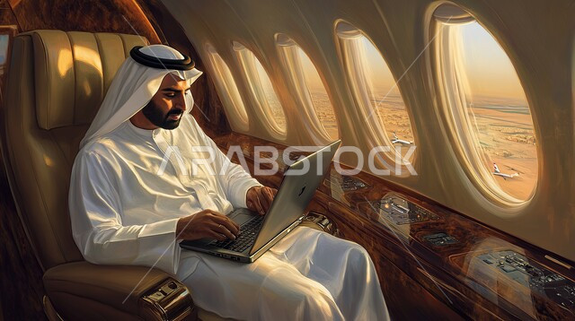 التواصل مع الأهل والاصدقاء عبر اللابتوب، انجاز مهام العمل عن بعد بايماءات الاندماج، رجل عربي خليجي سعودي يرتدي الثوب التقليدي والغترة يجلس في الطائرة ويعمل على الحاسب المحمول، استخدام الأجهزة والتقنيات الحديثة، مفهوم السياحة والسفر