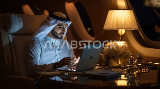 التواصل مع الأهل والاصدقاء عبر اللابتوب، انجاز مهام العمل عن بعد بايماءات الاندماج، رجل عربي خليجي سعودي يرتدي الثوب التقليدي والغترة يجلس في الطائرة ويعمل على الحاسب المحمول، استخدام الأجهزة والتقنيات الحديثة، مفهوم السياحة والسفر