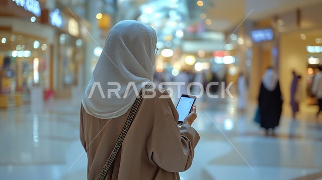 قضاء اوقات ممتعة بتبادل الاخبار والأحاديث، الإجابة والرد على الاتصالات بإستخدام الهاتف المحمول،  صورة مقربة من الخلف لامرأة عربية سعودية خليجية محجبة تقوم بإجراء مكالمة صوتية عبر الجوال، التواصل والاطمئنان على الأصدقاء