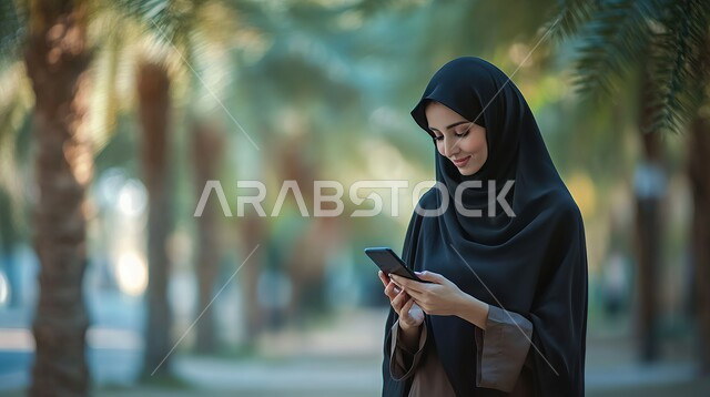 الإجابة والرد على الاتصالات بإستخدام الهاتف المحمول،  امرأة عربية سعودية خليجية محجبة تقوم بإجراء مكالمة صوتية عبر الجوال، قضاء اوقات ممتعة بتبادل الاخبار والأحاديث، التواصل والاطمئنان على الأصدقاء