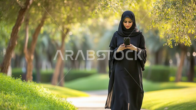 الإجابة والرد على الاتصالات بإستخدام الهاتف المحمول،  امرأة عربية سعودية خليجية محجبة تقوم بإجراء مكالمة صوتية عبر الجوال، قضاء اوقات ممتعة بتبادل الاخبار والأحاديث، التواصل والاطمئنان على الأصدقاء