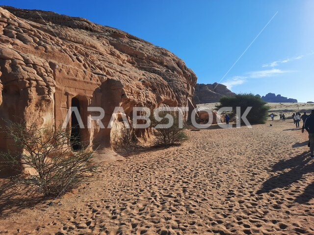 نمو النباتات الشوكية والبرية، التشكيلات و التكوينات الصخرية في العلا وسط صحاري المملكة العربية السعودية، المعالم التاريخية القديمة في مدائن صالح، الأماكن السياحية في المناطق الصحراوية، الكهوف التراثية في موقع الحجر الأثري في الصحراء