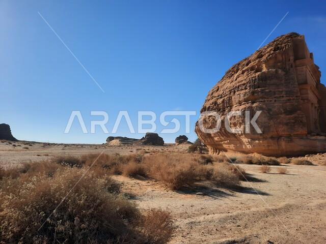 التشكيلات و التكوينات الصخرية في العلا وسط صحاري المملكة العربية السعودية، المعالم التاريخية القديمة في مدائن صالح، الأماكن السياحية في المناطق الصحراوية، نمو النباتات الشوكية والبرية، الكهوف التراثية في موقع الحجر الأثري في الصحراء