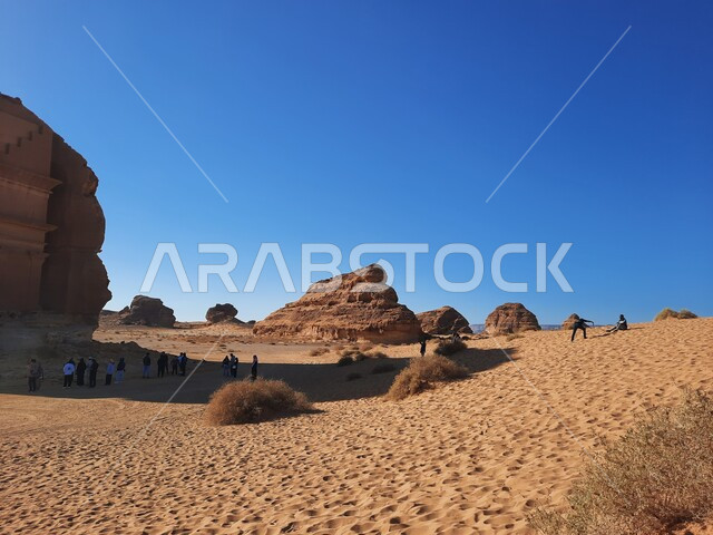 الأماكن السياحية في المناطق الصحراوية، التشكيلات و التكوينات الصخرية في العلا وسط صحاري المملكة العربية السعودية، المعالم التاريخية القديمة في مدائن صالح، نمو النباتات الشوكية والبرية في موقع الحجر الأثري في الصحراء