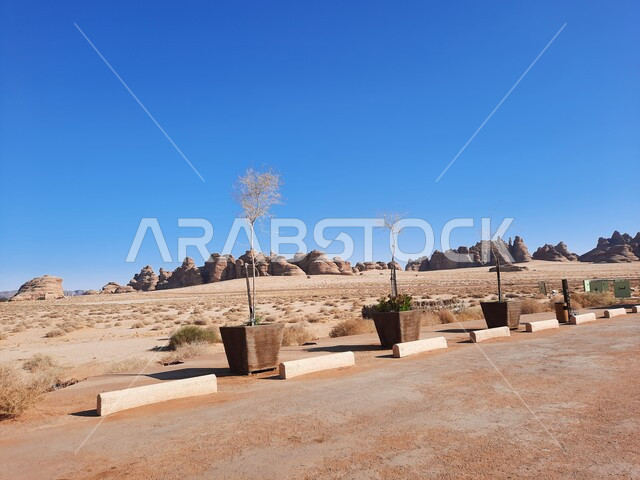 Ancient historical landmarks in Madain Saleh, rock formations and formations in AlUla in the middle of the deserts of the Kingdom of Saudi Arabia, tourist places in desert areas, a destination for visitors and tourists from all over the world