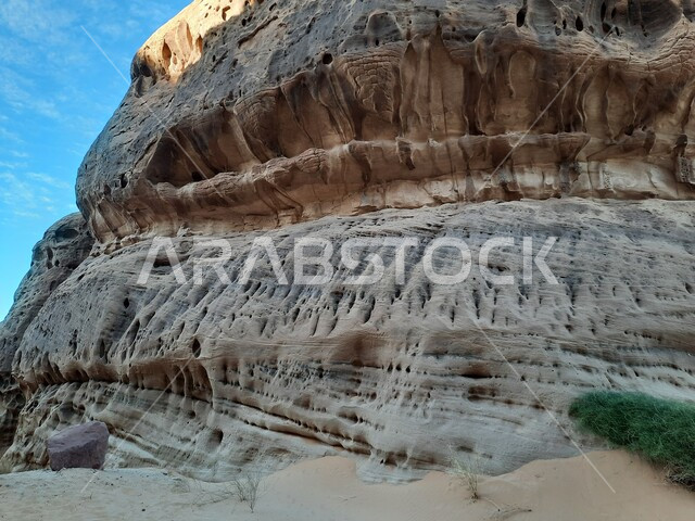 Tourist places in desert areas, the growth of wild plants and thorns in the desert, ancient historical heritage monuments in Madain Saleh, rock formations and formations in AlUla in the middle of the deserts of the Kingdom of Saudi Arabia