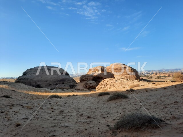 نمو النباتات البرية والشوكية, التكوينات والتشكيلات الصخرية في العلا وسط صحاري المملكة العربية السعودية، الأماكن السياحية في المناطق الصحراوية، المعالم التاريخية القديمة في مدائن صالح، القمم والمرتفعات في مواقع الحجر الأثري في الصحراء