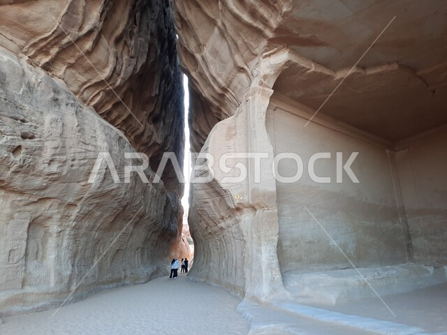 Heritage caves in the archaeological site of Al-Hijr in the desert, ancient historical landmarks in Madain Saleh, tourist places in desert areas, rock formations and formations in Al-Ula in the middle of the deserts of the Kingdom of Saudi Arabia