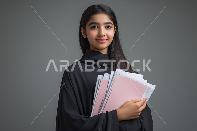 التعليم العالي في الجامعات والكليات الأكاديمية, الاستعداد للعام الجامعي الجديد, النظر إلى الكاميرا بإيماءات السعادة والسرور,  بورتريه مقرب لطالبة جامعية عربية خليجية سعودية محجبة ترتدي العباءة السوداء تحمل بيدها الأوراق, خلفية رمادية