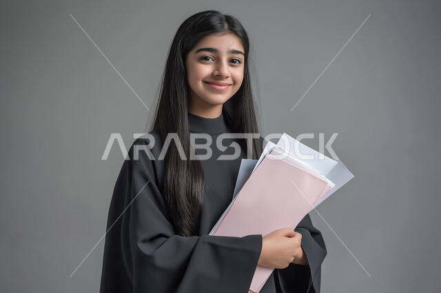 التعليم العالي في الجامعات والكليات الأكاديمية, الاستعداد للعام الجامعي الجديد, النظر إلى الكاميرا بإيماءات السعادة والسرور,  بورتريه مقرب لطالبة جامعية عربية خليجية سعودية محجبة ترتدي العباءة السوداء تحمل بيدها الأوراق, خلفية رمادية