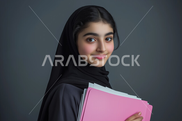 التعليم العالي في الجامعات والكليات الأكاديمية, الاستعداد للعام الجامعي الجديد, النظر إلى الكاميرا بإيماءات السعادة والسرور,  بورتريه مقرب لطالبة جامعية عربية خليجية سعودية محجبة ترتدي العباءة السوداء تحمل بيدها الأوراق, خلفية رمادية