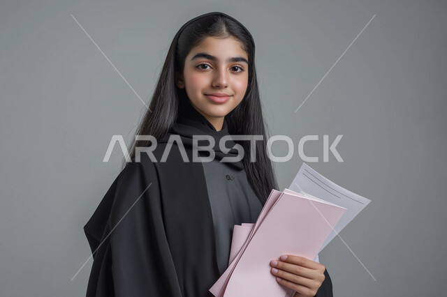 التعليم العالي في الجامعات والكليات الأكاديمية, الاستعداد للعام الجامعي الجديد, النظر إلى الكاميرا بإيماءات السعادة والسرور,  بورتريه مقرب لطالبة جامعية عربية خليجية سعودية محجبة ترتدي العباءة السوداء تحمل بيدها الأوراق, خلفية رمادية