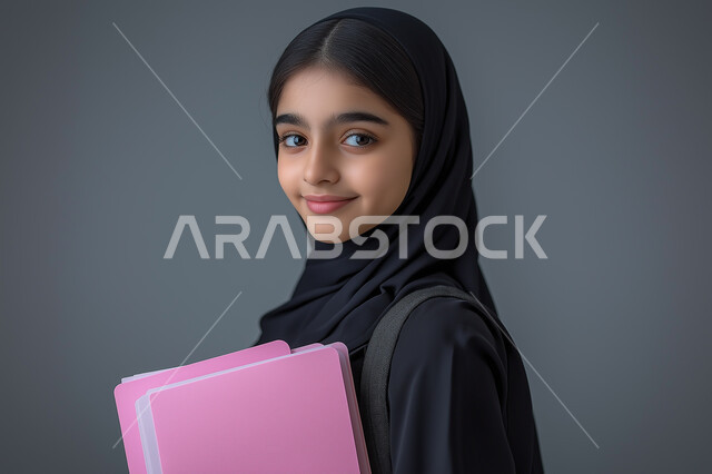 التعليم العالي في الجامعات والكليات الأكاديمية, الاستعداد للعام الجامعي الجديد, النظر إلى الكاميرا بإيماءات السعادة والسرور,  بورتريه مقرب لطالبة جامعية عربية خليجية سعودية محجبة ترتدي العباءة السوداء تحمل بيدها الأوراق, خلفية رمادية