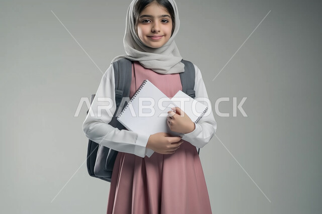 الإستعداد للعام الدراسي الجديد، العودة الى المداس، بورتريه لطالبة عربية خليجية سعودية ترتدي الزي المدرسي تحمل الحقيبة المدرسية تمسك بيدها مجموعة من الاوراق تنظر الى الكاميرا بإيماءات الفرح والسرور، تعابير الحماس والنشاط، خلفية رمادية