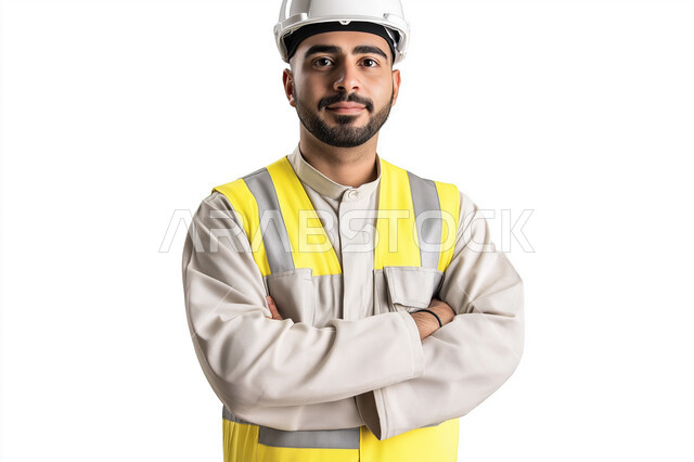العمل في القطاع الهندسي، مفهوم الهندسة والانشاءات المعمارية، بورتريه مقرب لمهندس عربي خليجي سعودي يرتدي الخوذه وسترة الحماية ينظر إلى الكاميرا بايماءات الثقة بالنفس، الوقوف بأيدي متقاطعه، مهن ووظائف سعودية، خلفية بيضاء