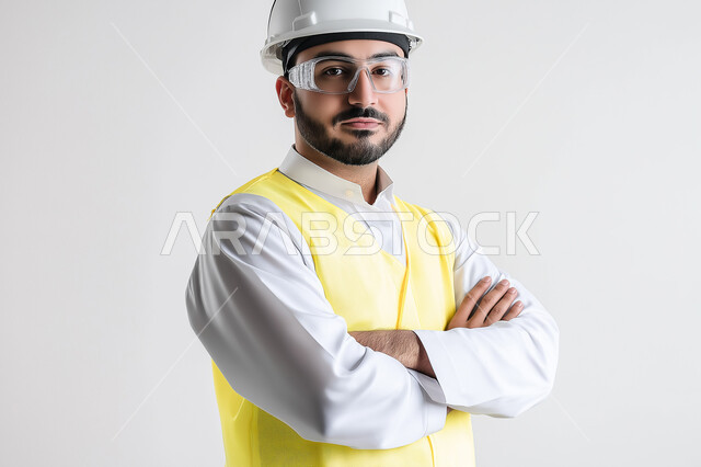 العمل في القطاع الهندسي، مفهوم الهندسة والانشاءات المعمارية، بورتريه مقرب لمهندس عربي خليجي سعودي يرتدي الخوذه وسترة الحماية ينظر إلى الكاميرا بايماءات الثقة بالنفس، الوقوف بأيدي متقاطعه، مهن ووظائف سعودية، خلفية بيضاء
