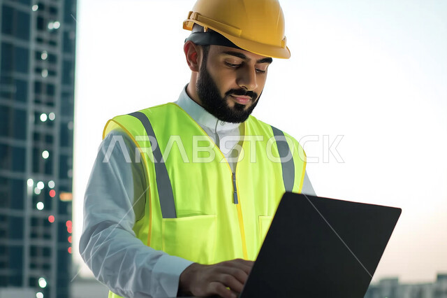 The concept of engineering and architectural construction, interest in work affairs, use of modern technical devices in the engineering field, close-up image of a Saudi Arabian Gulf engineer wearing a protective vest holding a laptop in his hand, Saudi engineering professions and jobs