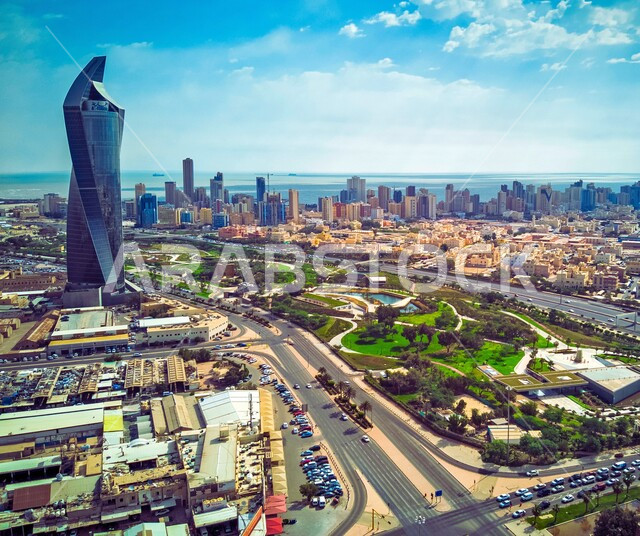 برج التجارية في منطقة الكويت الثقافية الوطنية الجديدة، مناطق وأماكن مشهورة، الشوارع والطرقات المعبدة في دولة الكويت، الاهتمام بالتشجير وزراعة الاشجار الخضراء، الفن الهندسي المعماري للأبراج وناطحات السحاب
