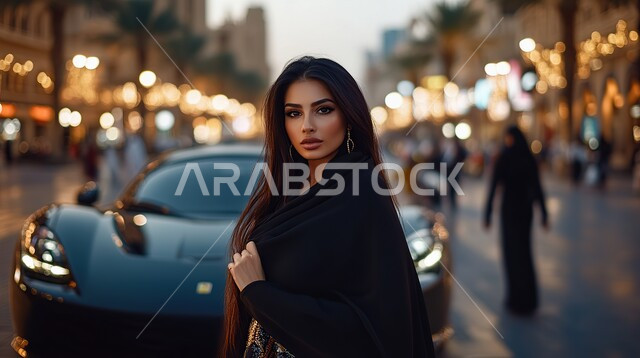 مفهوم الأنوثة والنعومة, صورة مقربة لشابة عربية خليجية سعودية ترتدي العباءة تنظر إلى الكاميرا بتعابير الثقة والاعتزاز بالنفس، الاهتمام بالأناقة والمظهر الخارجي 