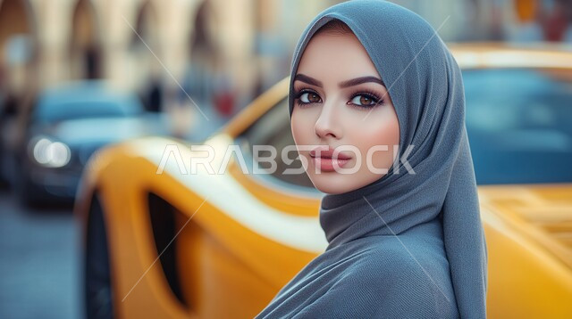 Concern for elegance and outward appearance, the concept of femininity and softness, elegant modern veiled fashion, a close-up of a young Saudi Arabian Gulf woman wearing a hijab and an abaya looking at the camera with expressions of confidence and self-esteem