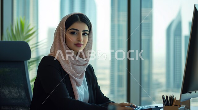 دمج الأجهزة التقنية الحديثة بالأعمال المكتبية, المهن والوظائف النسائية, صورة مقربة لامرأة عربية خليجية سعودية مبتسمة ترتدي الحجاب والعباءة تجلس داخل المكتب تنظر إلى الكاميرا بإيماءات السرور والثقة بالنفس، تحقيق أهداف الشركة